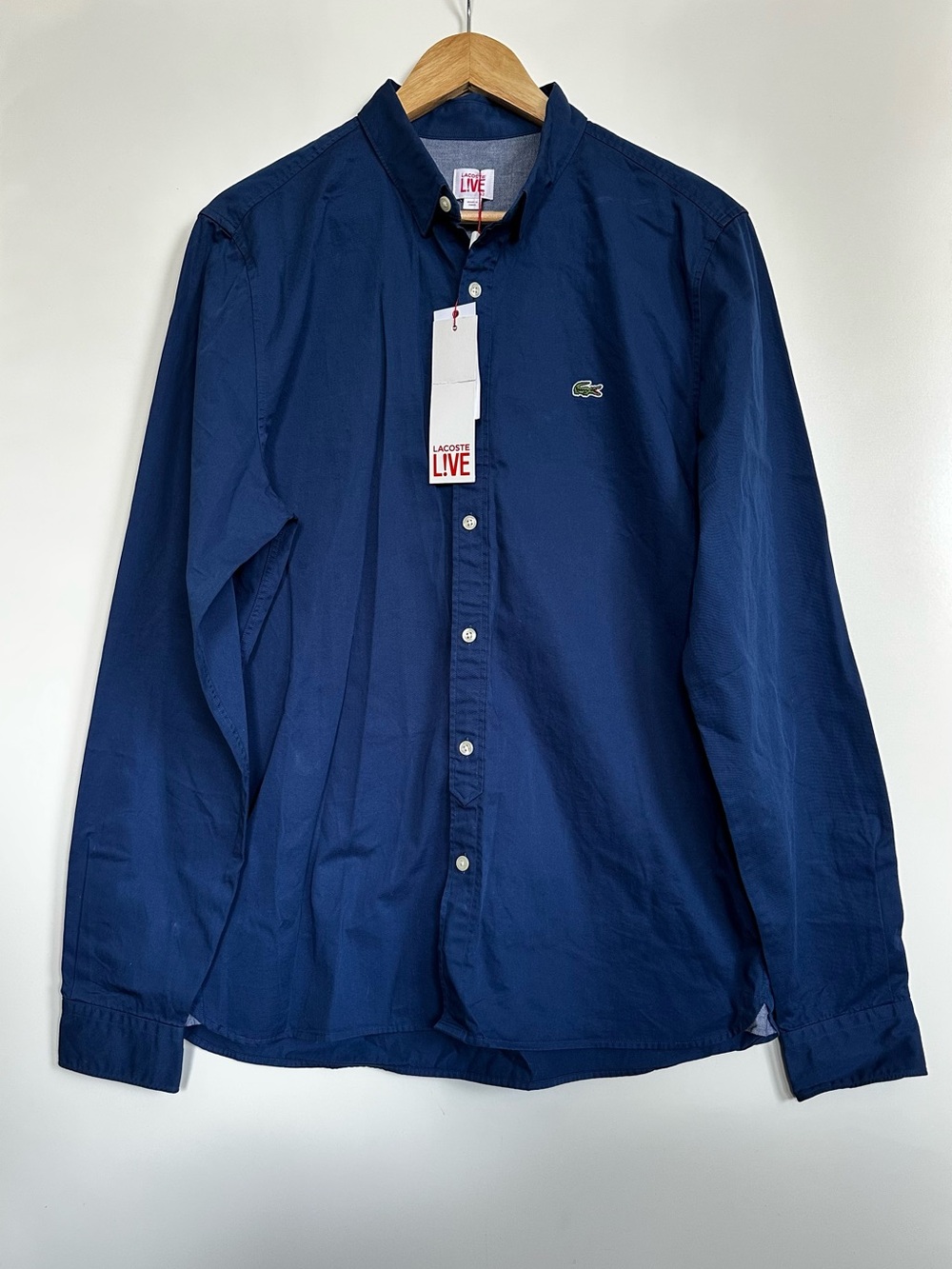 Lacoste L!VE Inkwell Blue Cotton Long Sleeve Button Down Shirt NWT 42 L Slim